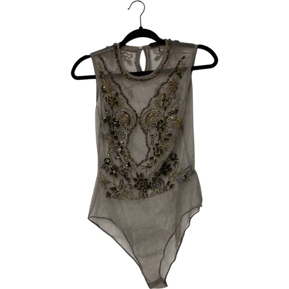 Zara Women Bodysuit Small S Gray Beaded Floral Embellished sheer 7521/200 NWOT - Picture 2 of 12